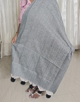 Check Style Weaving Blackish Gray with Pom-Pom Rabbit Wool